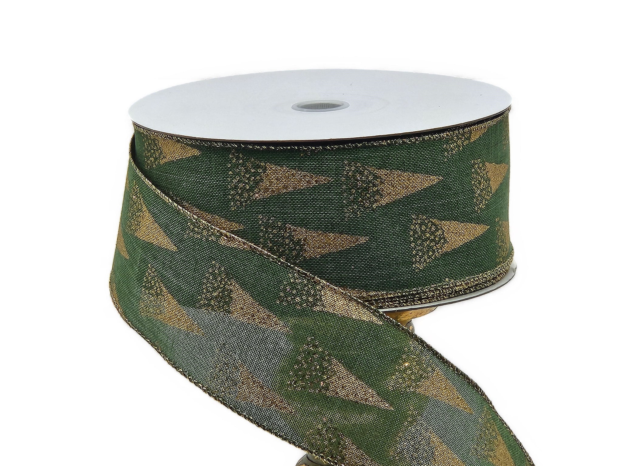 2.5 x 10 yds Olive Green Ribbon with Gold Glitter Trees, Wired