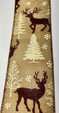 S & C Ribbons Christmas Characters Copy of 2.5" x 10 yds White Linen Ribbon with Dark Red Reindeer, Wired Christmas Ribbon
