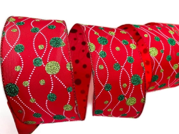 S&C Ribbons Christmas Dots 2.5  inch Red Satin Ribbon with Dark Green & Lime Green Glittered Dots - Wired Christmas Ribbon - 5 Yards