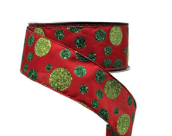 S & C Ribbons Christmas Dots 2.5 X 10 yds Red Satin Ribbon with Lime & Emerald Green Glitter Dots, Wired Christmas Ribbon