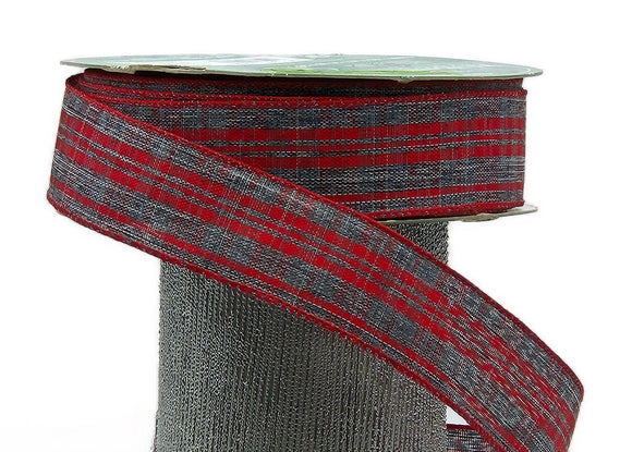 S & C Ribbons Christmas Plaid 1.5 x 10 yds Red & Grey Tweed Type Plaid Ribbon, Wired Christmas Ribbon