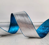 S & C Ribbons Christmas Solids 1.5" x 10 yds Metallic Blue / Silver Double Sided Wired Christmas Ribbon