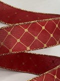 S & C Ribbons Christmas Winter Ribbon 1.5" x 10 yds Scarlet Red Satin Ribbon with Gold Diamond Pattern, Wired Christmas Ribbon