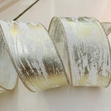 S & C Ribbons Christmas Winter Ribbon 2.5" x 10 yds Cream Linen Ribbon with Gold Spashes (Think Birch Bark in Gold), Wired Christmas Ribbon