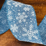 S & C Ribbons Christmas Winter Ribbon 2.5" x 10 yds Denim Blue Ribbon with White Snowflakes, Wired Christmas Ribbon
