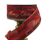 S & C Ribbons Christmas Winter Ribbon 2.5" x 10 yds Red Satin Ribbon with Gold & Green "Merry Christmas" Greetings, Wired Christmas Ribbon