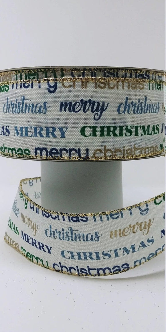 2.5 x 10 yds Cream Linen Ribbon with Gold, Green & Blue Merry Christ –  Perpetual Ribbons