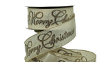 S & C Ribbons Christmas Words 2.5" x 10 yds Cream Satin Ribbon with Gold Glitter "Merry Christmas", Wired Christmas Ribbon