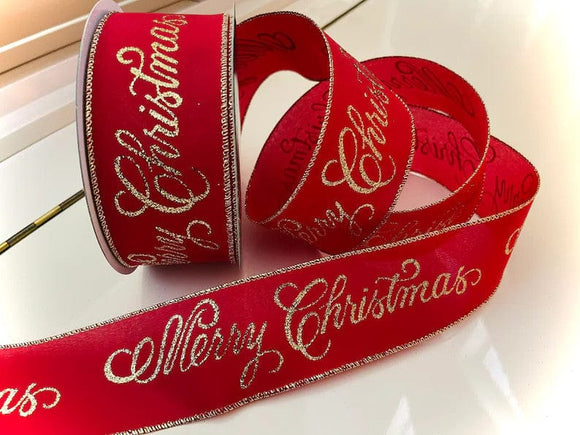 S & C Ribbons Christmas Words 2.5 x 10 yds Red Satin Ribbon with Gold Glitter Merry Christmas Script, Wired Christmas Ribbon