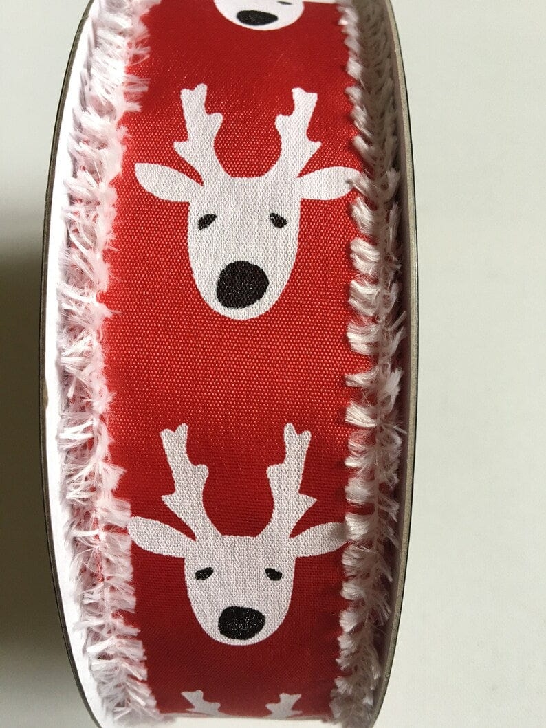 1.5 x 10 Yards Red Satin Ribbon with Playful White Reindeer, Wired Chr ...