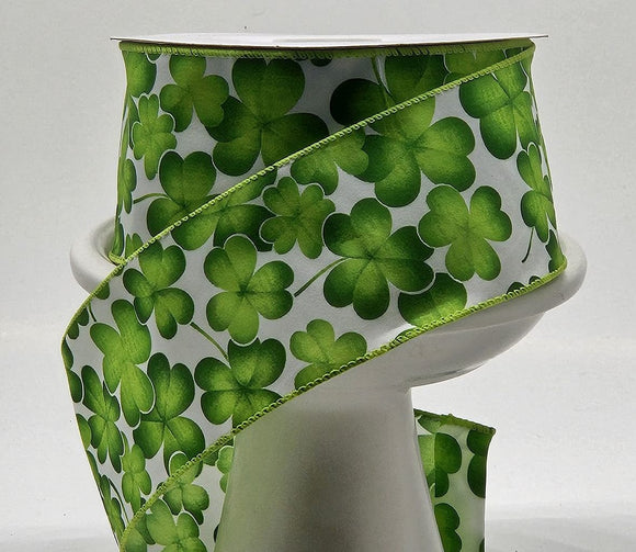 Shinoda St. Patrick's Day Copy of 1.5 or 2.5 inch Wired White Ribbon with Green Shamrocks - 10 Yards