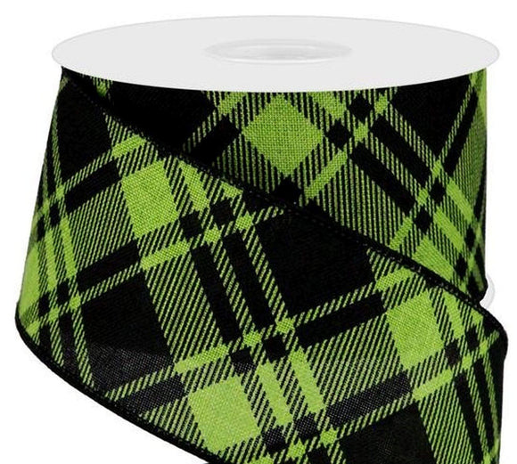 CBI Checks Wired Ribbon - 2.5 inch Lime Green & Black Diagonal Check on Canvas Ribbon - 10 Yards