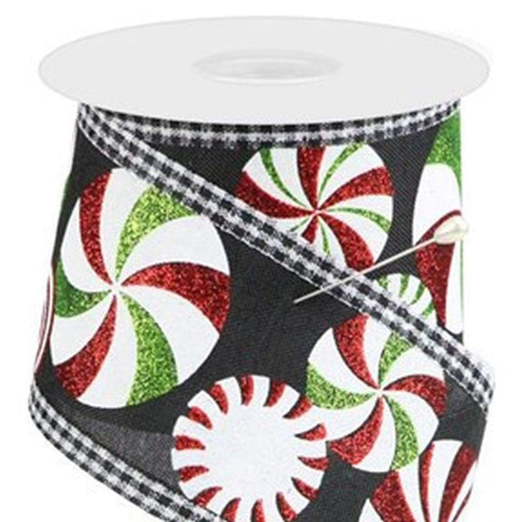 CBI Christmas Candy 2.5 inch Black Canvas Ribbon with Bold Colorful Glitter Peppermint Candies and Gingham Edge - 10 Yards
