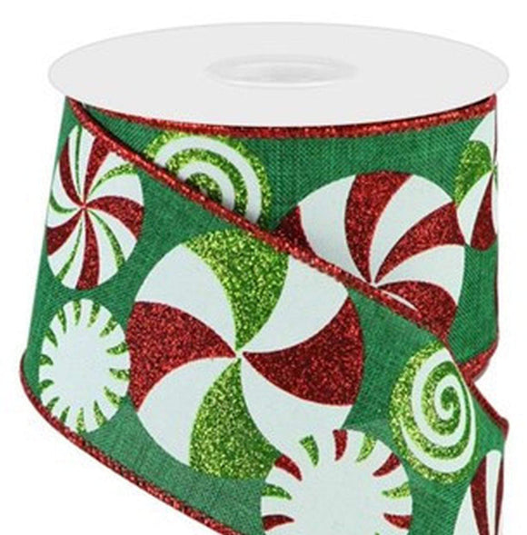 CBI Christmas Candy 2.5 inch Emerald Green Canvas Ribbon with Colorful Glitter Peppermint Candies - 10 Yards