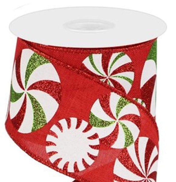 CBI Christmas Candy 2.5 inch Red Canvas Ribbon with Colorful Glitter Peppermint Candies - 10 Yards