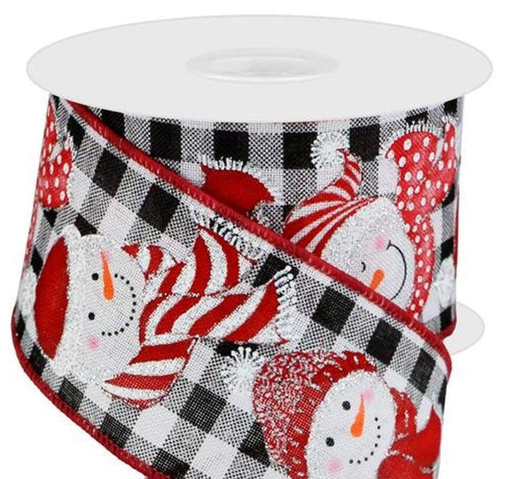 2.5x10yd Snowman on Black/White Check with Red Wired Edge Ribbon