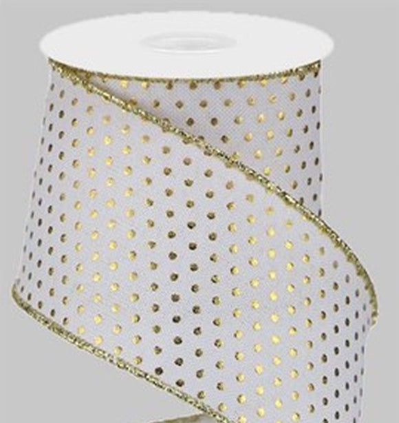Wired Christmas Ribbon - 2.5 inch White Canvas Ribbon w/Raised Gold Mini  Dots - 10 Yards