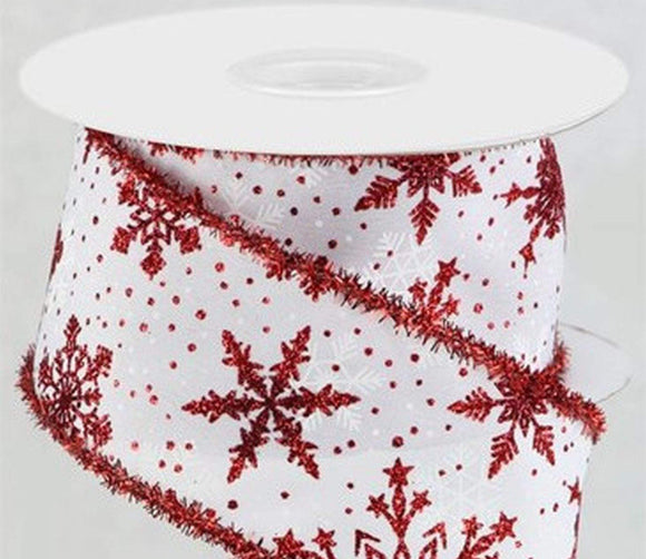 CBI Christmas Glitter 2.5 inch White Ribbon with Various Red Glitter Snowflakes - 10 Yards
