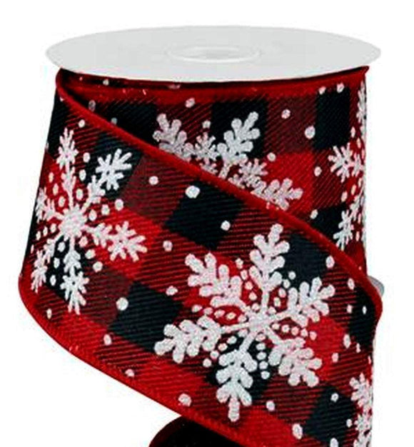 CBI Christmas Plaid 2.5 inch Red & Black Canvas Buffalo Check Ribbon with Falling White Glittered Snowflakes -10 Yards