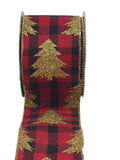 CBI Christmas Plaid 2.5 inch Red & Black Canvas Buffalo Check Ribbon with Gold Glittered Reindeer Heads -5 Yards