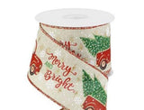 CBI Christmas Winter Ribbon 2.5" "Merry and Bright" Red Farm Truck Carrying 2 Christmas Tree on Light Natural Canvas Ribbon  - Wired Christmas Ribbon