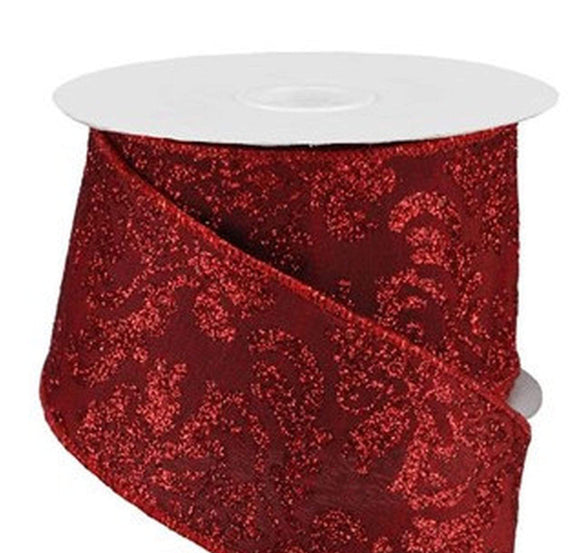 CBI Christmas Winter Ribbon **Not sure of material** DO NOT POST**2.5 inch Red & Cranberry Flocked Damask Ribbon - 10 Yards