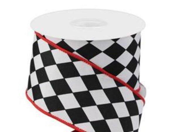 CBI Dupioni 2.5 inch Black & White Harlequin Dupioni Ribbon with Red Fused Back- Faux Silk Ribbon - 10 Yards 10 Yards Wired Dupioni Ribbon | Perpetual Ribbons