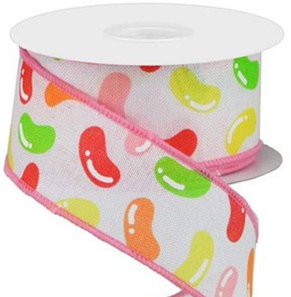 CBI Easter Wired Easter Ribbon - 1.5 inch Jelly Bean Ribbon - White Canvas Ribbon with Assorted Colored Jelly Beans - 10 Yards