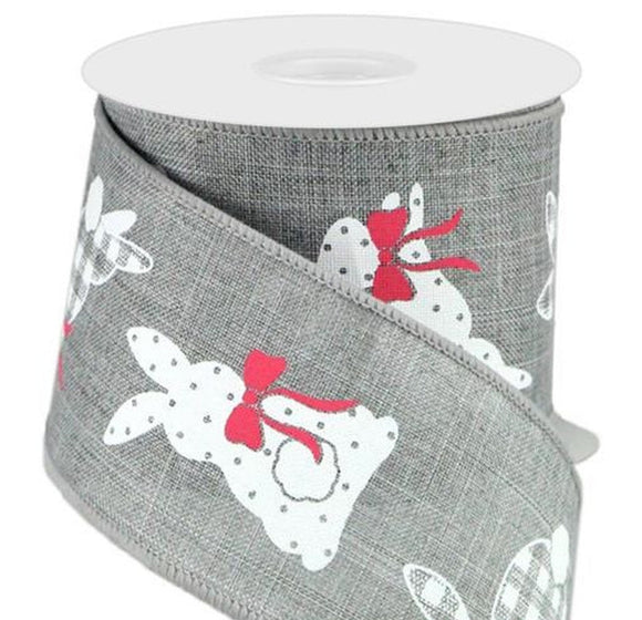 CBI Easter Wired Easter Ribbon - 2.5 inch Grey Canvas Ribbon with White Bunnies - 10 Yards