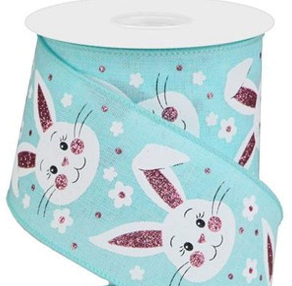 CBI Easter Wired Easter Ribbon - 2.5 inch Ice Blue Canvas Ribbon with Pink Glittered Bunny Faces & White Spring Flowers - 10 Yards