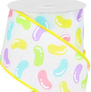Wired Easter Ribbon - 2.5 inch Jelly Bean Ribbon - White Canvas Ribbon with  Assorted Colored Jelly Beans - 10 Yards