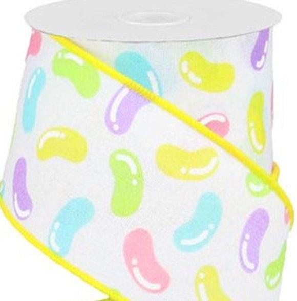 CBI Easter Wired Easter Ribbon - 2.5 inch Jelly Bean Ribbon - White Canvas Ribbon with Assorted Colored Jelly Beans - 10 Yards