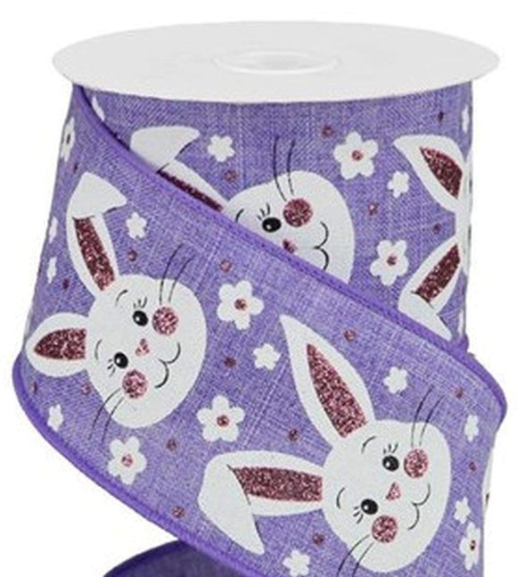 CBI Easter Wired Easter Ribbon - 2.5 inch Purple Canvas Ribbon with Pink Glittered Bunny Faces & White Spring Flowers - 10 Yards