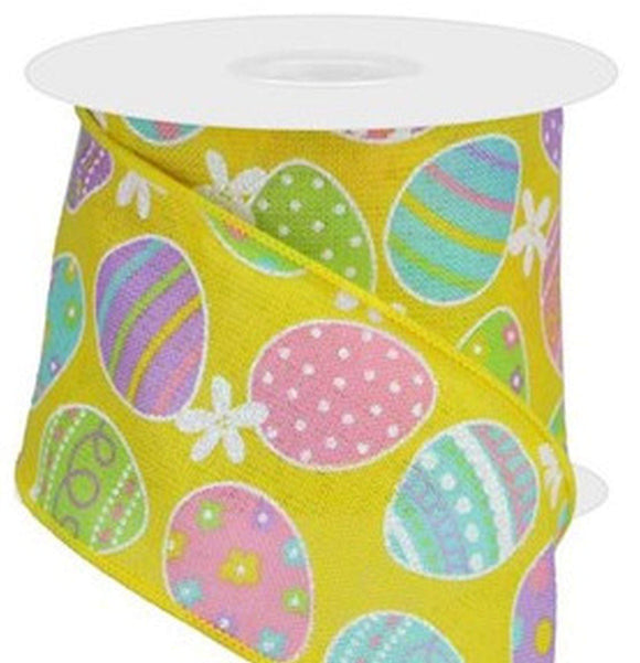CBI Easter Wired Easter Ribbon - 2.5 inch Yellow Canvas Ribbon with Multi Colored Easter Eggs - 10 Yards