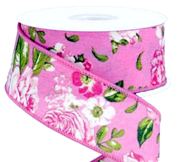 CBI Floral 1.5 inch Rose Pink Canvas Ribbon with Pink & White Flowers - 10 Yards 10 Yards Wired Floral Ribbon | Perpetual Ribbons