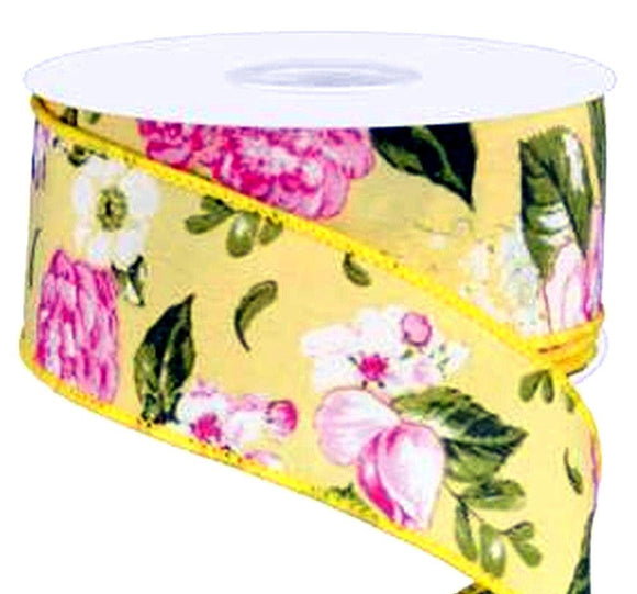 CBI Floral 1.5 inch Yellow Canvas Ribbon with Pink & White Flowers - 10 Yards