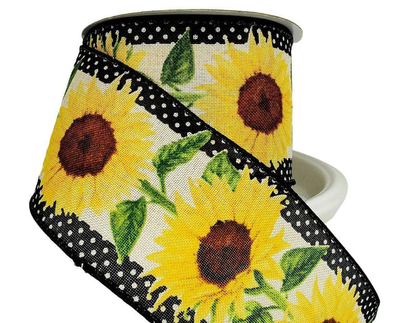 CBI Floral 2.5 inch Cream Canvas Ribbon with Bold Yellow Sunflowers - 10 Yards