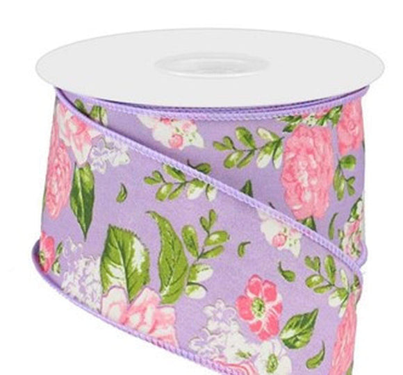 CBI Floral 2.5 inch Lavender Canvas Ribbon with Pink & White Flowers - 10 Yards 10 Yards Wired Floral Ribbon | Perpetual Ribbons