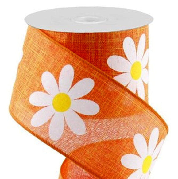 CBI Floral 2.5 inch Orange Canvas Ribbon with White Daisies - 10 Yards