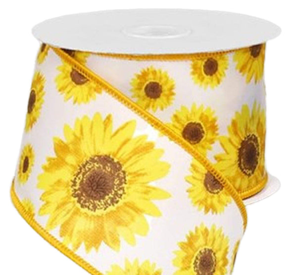 CBI Floral 2.5 inch White Satin Ribbon with Bold Yellow Sunflowers - 10 Yards