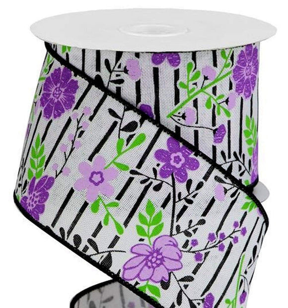 CBI Floral Wired Floral Ribbon - 2.5 inch White Canvas Ribbon with Multi Colored Lavender Flowers and Black Stripes - 10 Yards