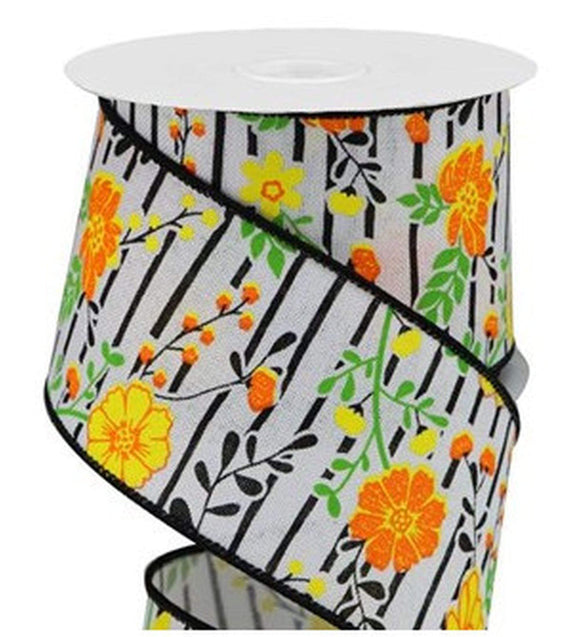 CBI Floral Wired Floral Ribbon - 2.5 inch White Canvas Ribbon with Orange & Yellow Flowers and Black Stripes - 10 Yards