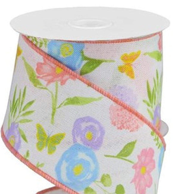 CBI Floral Wired Floral Ribbon - 2.5 inch White Canvas Ribbon with Pink Blue & Lavender Blooms - 10 Yards
