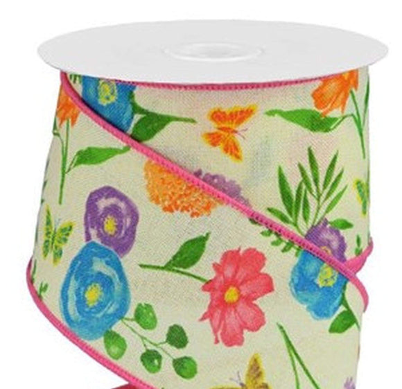 CBI Floral Wired Floral Ribbon - 2.5 inch Yellow Canvas Ribbon with Pink, Blue & Purple Bold Blooms - 10 Yards