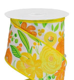 CBI Floral Wired Floral Ribbon - 2.5 inch Yellow & Orange Bold Blooms on White Canvas Ribbon - 10 Yards