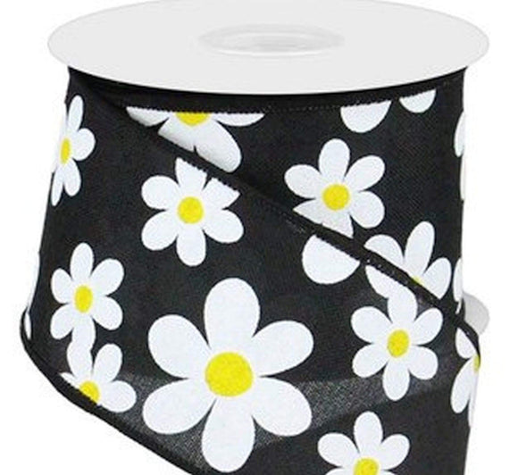 CBI Floral Wired Spring Ribbon -  2.5 inch Black Canvas Ribbon with Various Sized White Daisies - 10 Yards