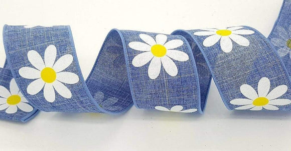 CBI Floral Wired Spring Ribbon - 2.5 inch Denim Blue Ribbon with White Daisies - 10 Yards