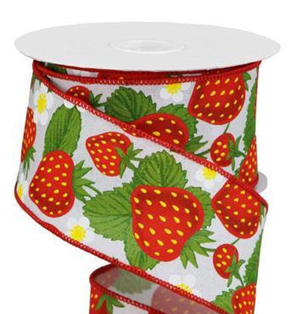 CBI Food 2.5 inch White Canvas Ribbon with Bright Red Strawberries - 10 Yards