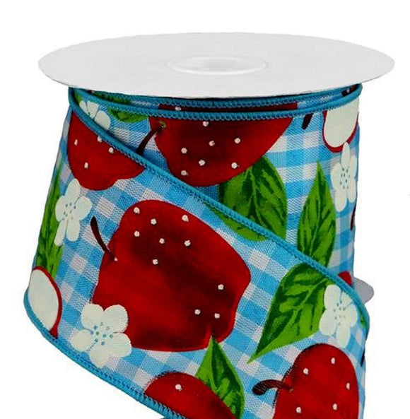 CBI Food Wired Apple Ribbon - 2.5 inch Blue & White Gingham Ribbon with Red Apples and White Flowers - 10 Yards