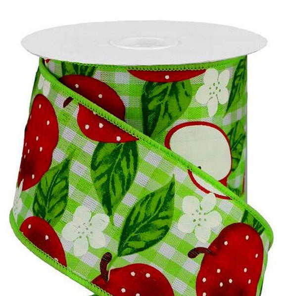 CBI Food Wired Apple Ribbon - 2.5 inch Lime Green & White Gingham Ribbon with Red Apples and White Flowers - 10 Yards
